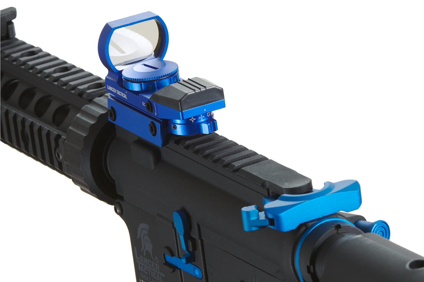 Lancer Tactical Gen 2 M4 SD Blue Carbine Combo Airsoft AEG Rifle with Red Dot Sight (9.6v Nimh Battery, Charger, 1000 Rounds 0.20g BBS Included)