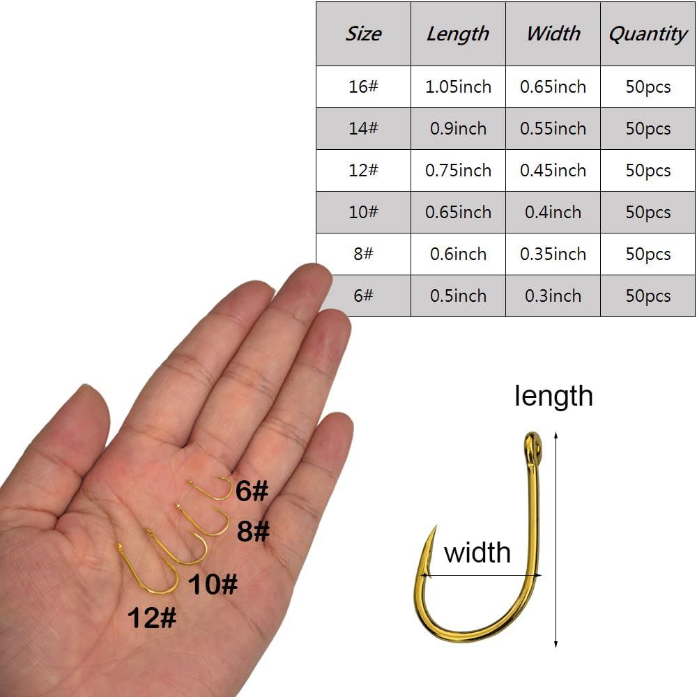 200pcs-300pcs Small Barbed Fishing Hooks Black High Carbon Fishing Hooks Set 6# 8# 10# 12# 14# 16# with Plastic Box (200pcs Gold)
