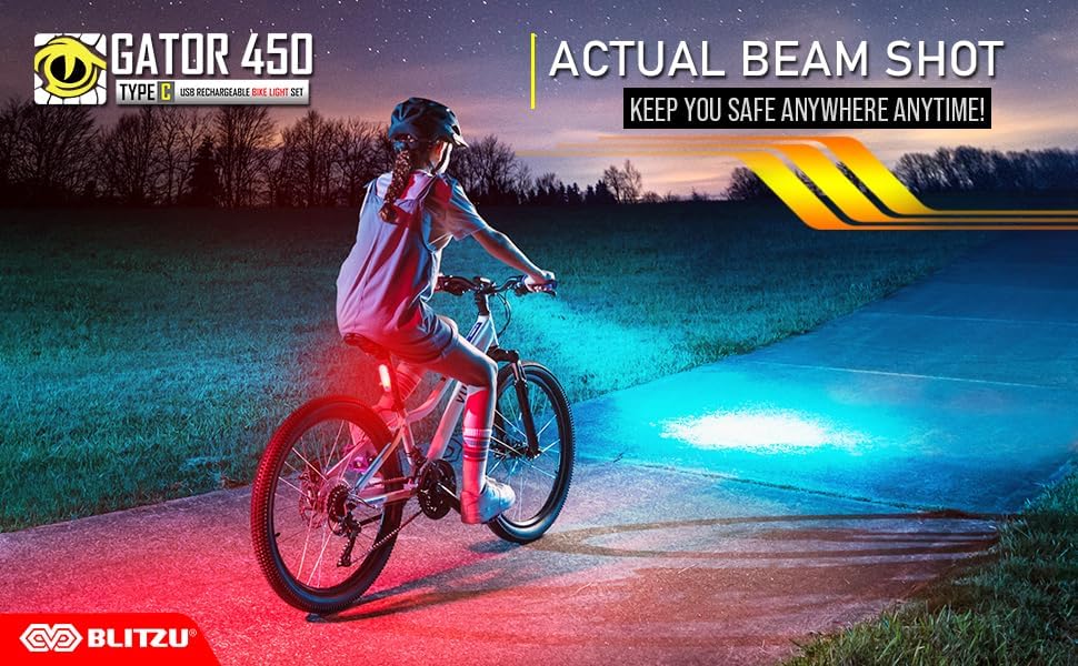BLITZU Bike Lights Set – Gator 450 LED USB-C Rechargeable Headlight & Rear Taillight with Front and Back Bike Reflectors – Bicycle Accessories for Night Riding, Men & Kids