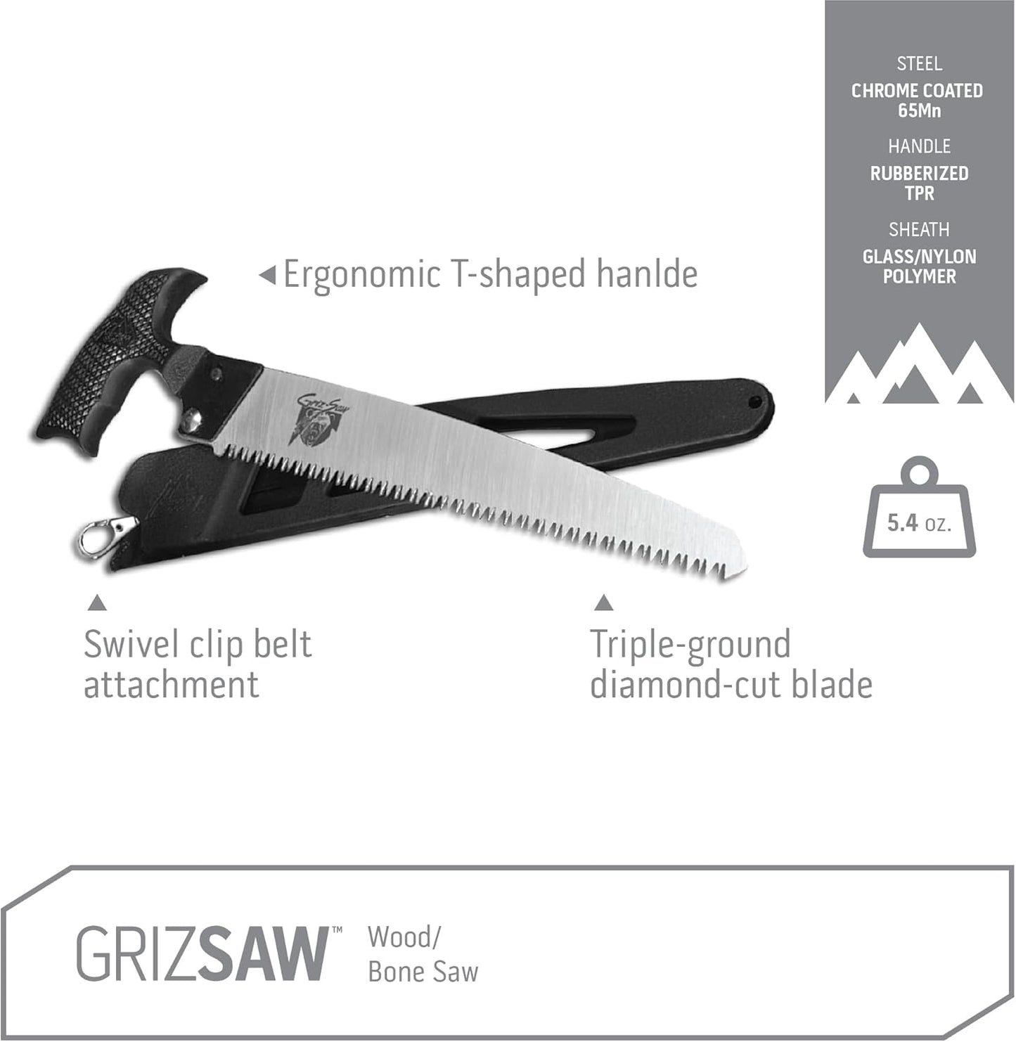 Outdoor Edge GrizSaw - Lightweight T-Handle Fixed Blade Outdoor-Hunting Saw with 8.0", 65Mn Spring Steel Blade for Cutting Tough Bone and Wood and Locking Zytel Sheath with Swivel Clip Belt Attachment
