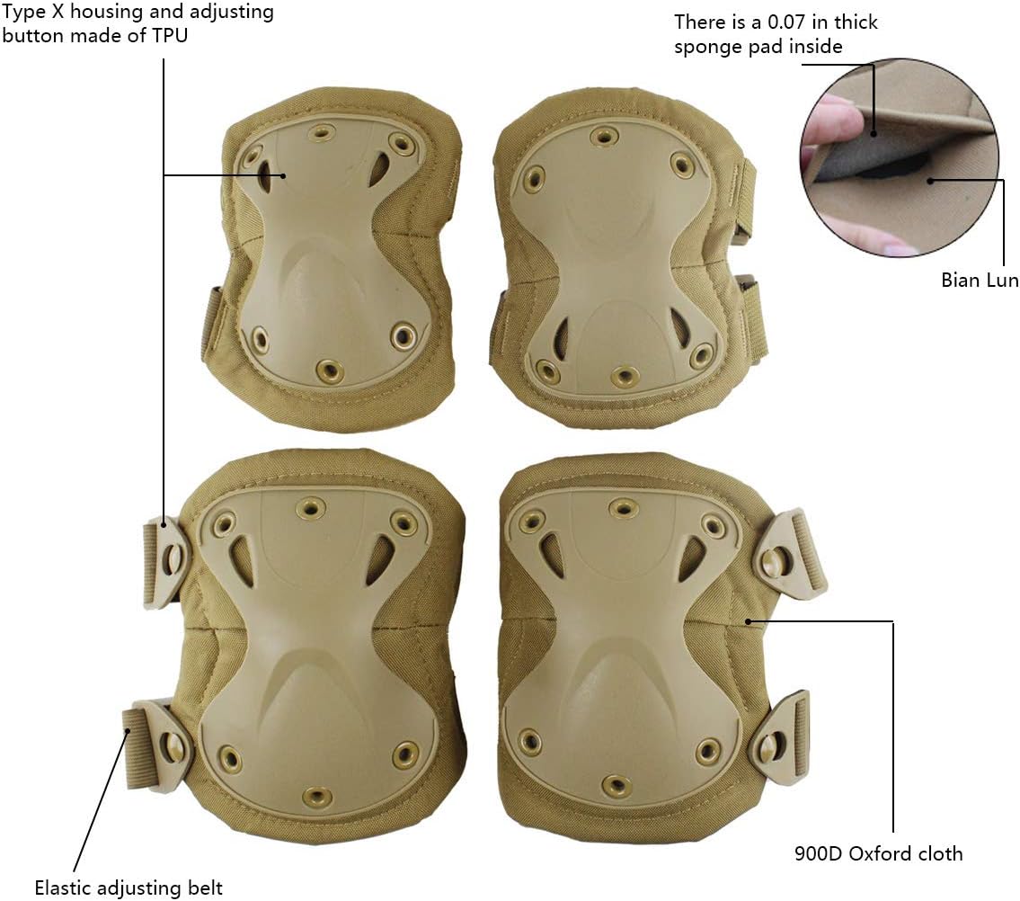 AOUTACC Tactical Combat Knee & Elbow Protective Pads Set for Outdoor CS Paintball Game Cycling Safety Skateboarding Gear Skates Knee Protection Guard Pads