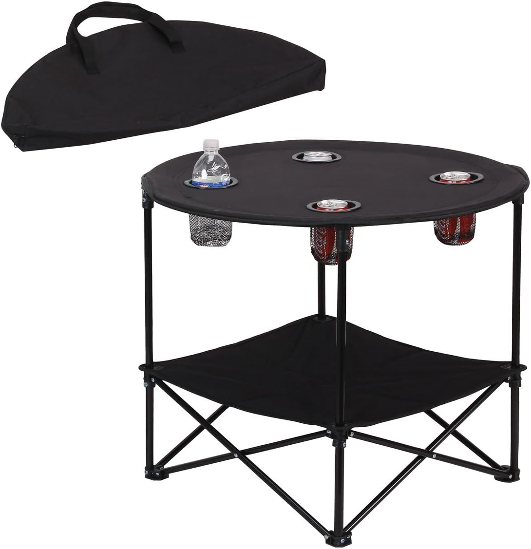 Preferred Nation | 2 Tier Folding Camping Table with 4 Mesh Cup Holders Black | Polyester with Metal Frame | Compact, Convenient Carry Case Included | Side Table for Tailgate
