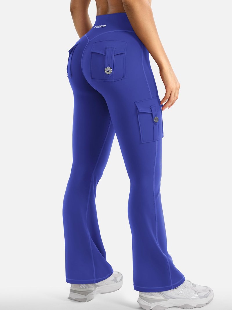 YEOREO CoreFlex Women Workout Flare Leggings with Pockets Scrunch Cargo Gym Yoga Leggings 28" Inseam Dazzling Blue XL