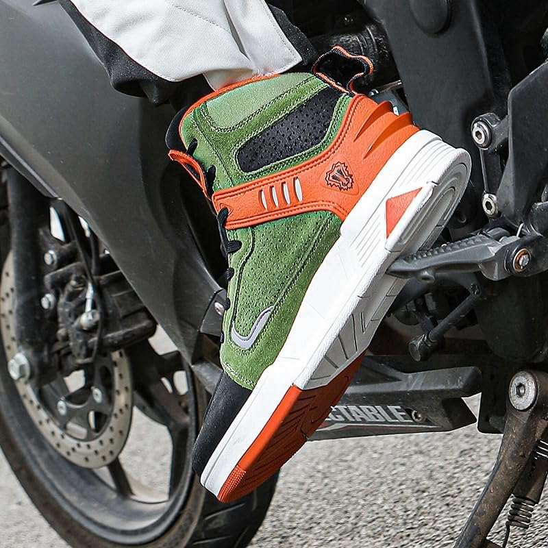 Bofucn Motorcycle Leather Boots,Street Riding Shoes,Anti-Slip Side Zipper Shoes for Men and Women (Black/Green, Adult, 5 Men/6 Women)