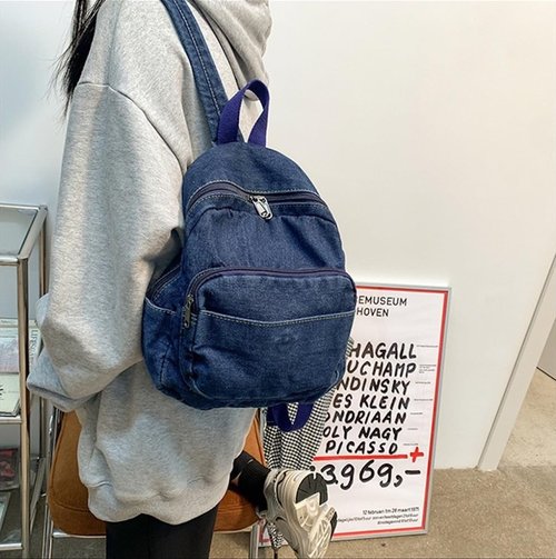 JHTPSLR Small Denim Backpack for Women - Vintage Aesthetic Mini Canvas Daypack (Dark Blue)