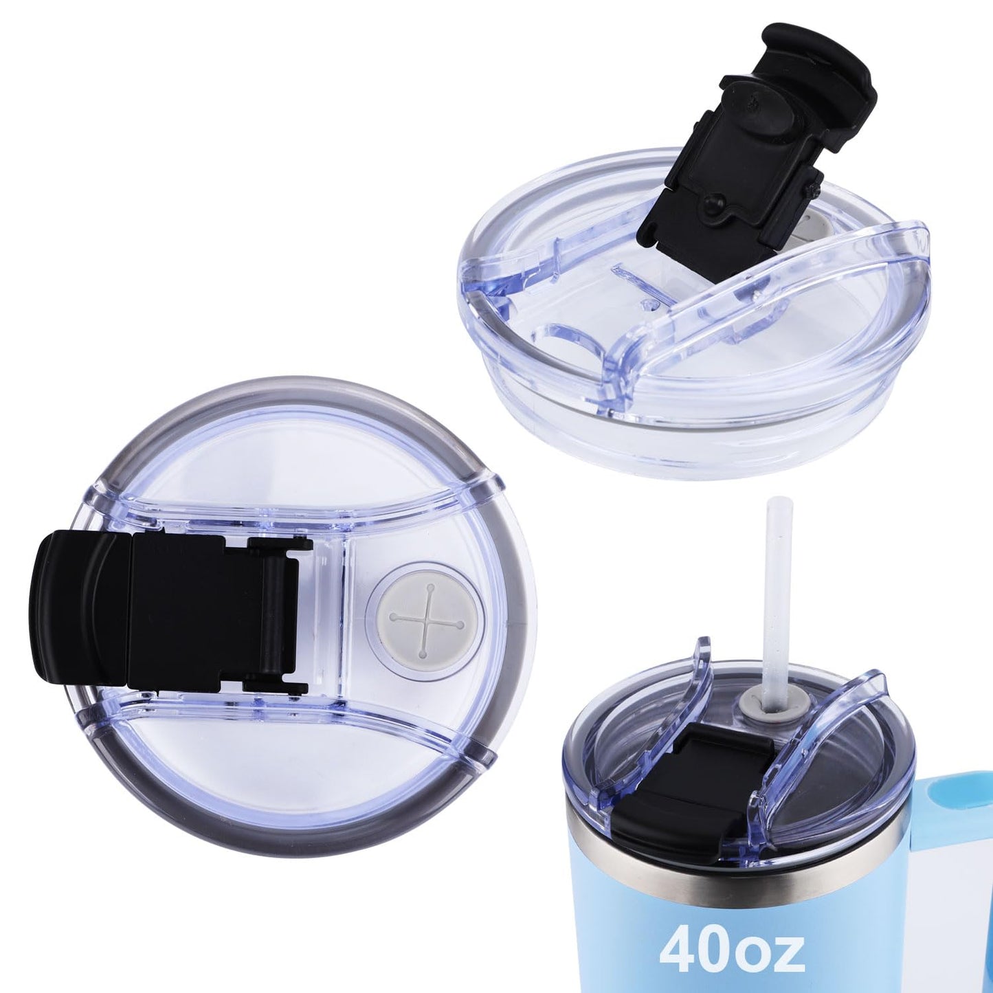 2pcs Replacement Lid for Stanley Quencher, No Spill Travel Tumbler Lids Replacement Tumbler Lids 40 oz No Leakage Plastic Replacement Lids Tumbler Cup Lids for Stanley Cup (Black, Threaded)