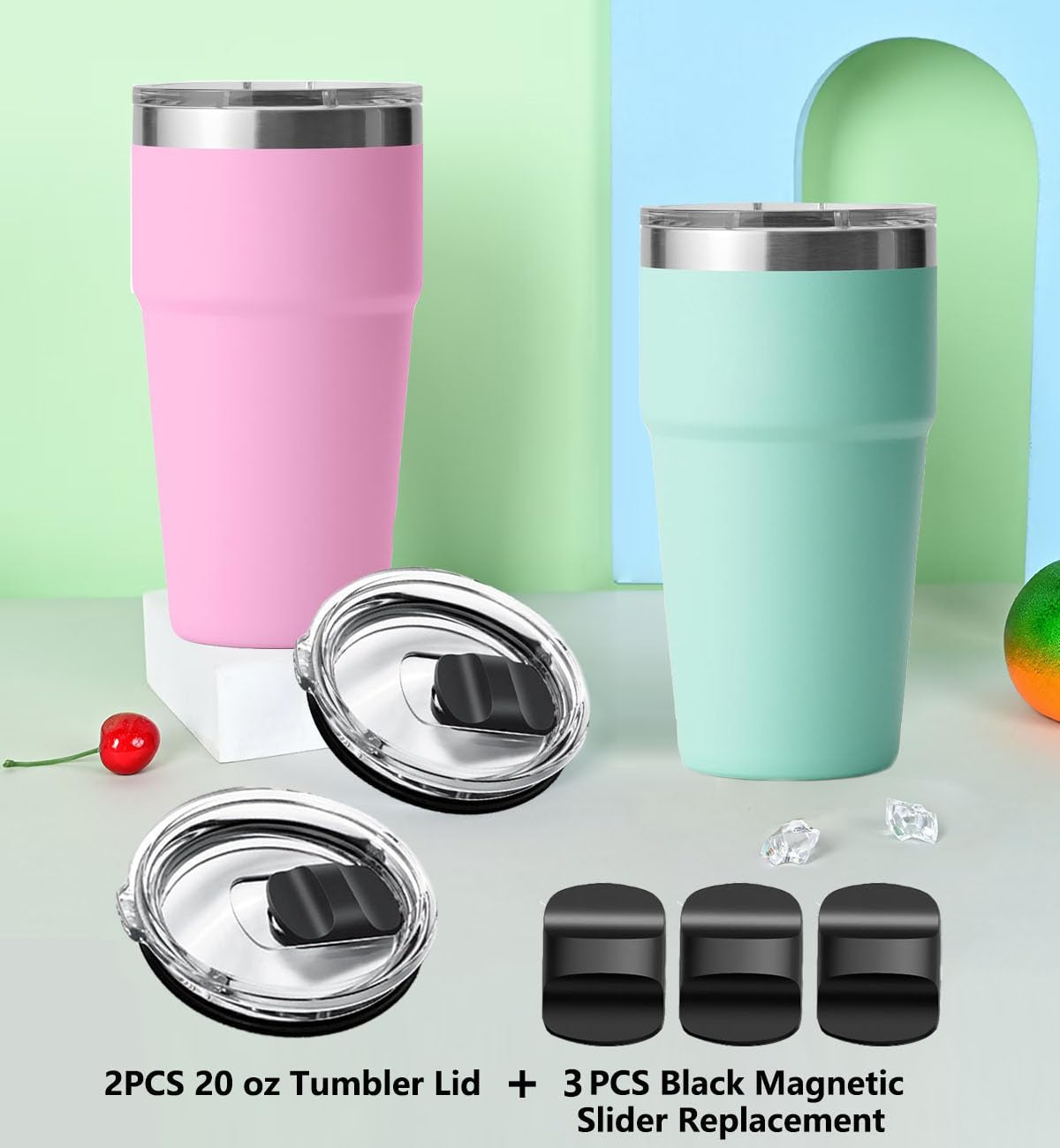 2Pack 20 oz for YETI Tumbler Lid, with 3 Black Magnetic Slider Replacement, Compatible for YETI 20 oz Tumbler, for 10/24 oz Mug and 10 oz Lowball, Coffee Tumbler