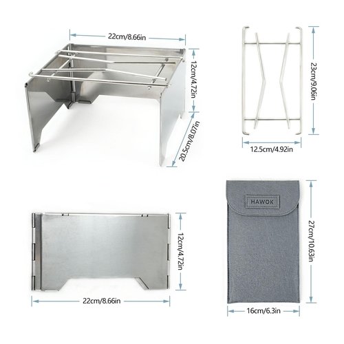 HAWOK Folding Outdoor Stove Stainless Steel with Stainless Steel Grill and Carrying Bag, 8.7"D x 8"W x 4.7"H, Portable Wood Burning Stainless Steel Grill