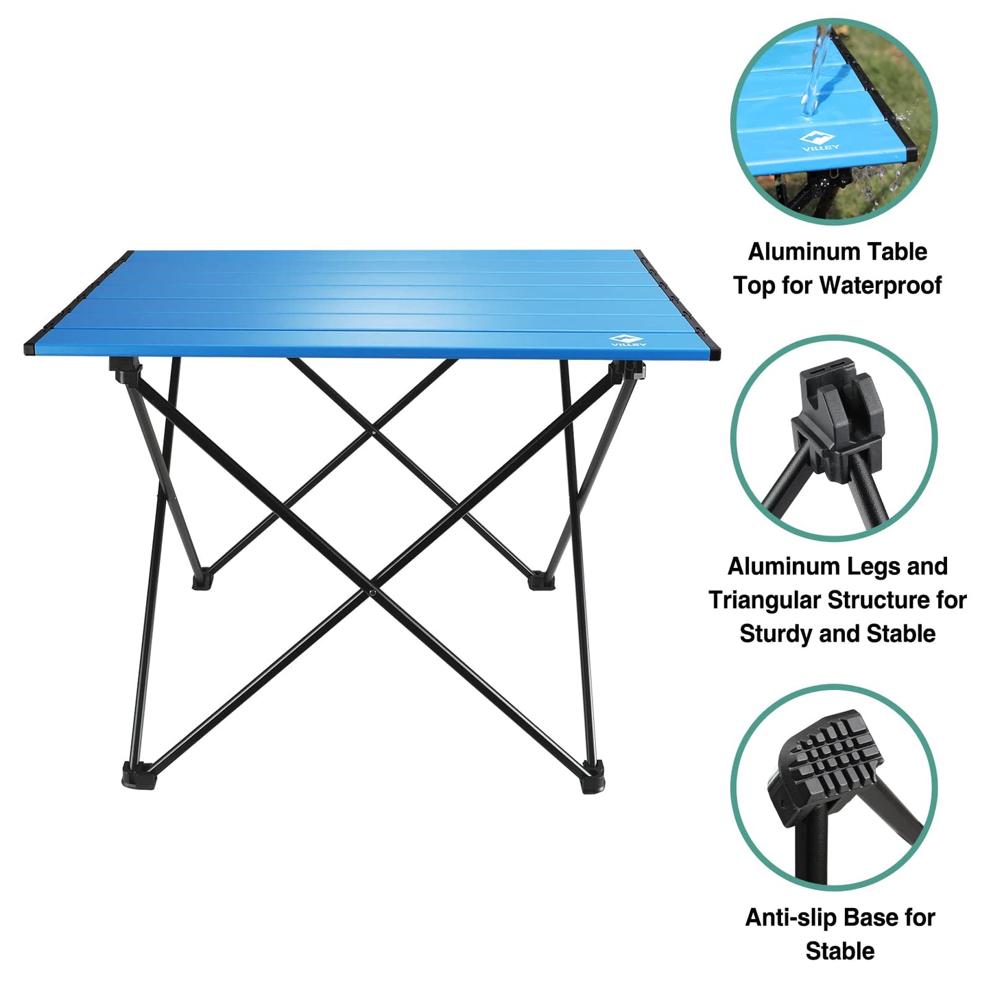 VILLEY Portable Camping Side Table, Ultralight Aluminum Folding Beach Table with Carry Bag for Outdoor Cooking, Picnic, Camp, Boat, Travel - Blue