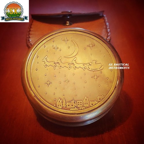 SX Nautical Instruments Christmas Brass Compass Gift Unique Design Engraved Santa Claus with Leather Case (Size:-3 inch)