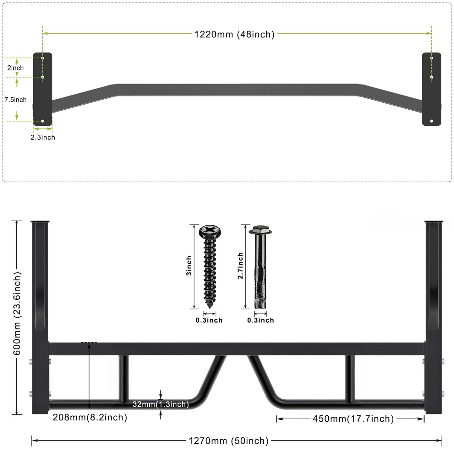 Kipika 48" Heavy Duty Wall Mounted Pull Up Bar,Multi Grip Chin Up Bar, Home Gym Workout Bar for Strength Training Exercise,Body Workout Home Gym System