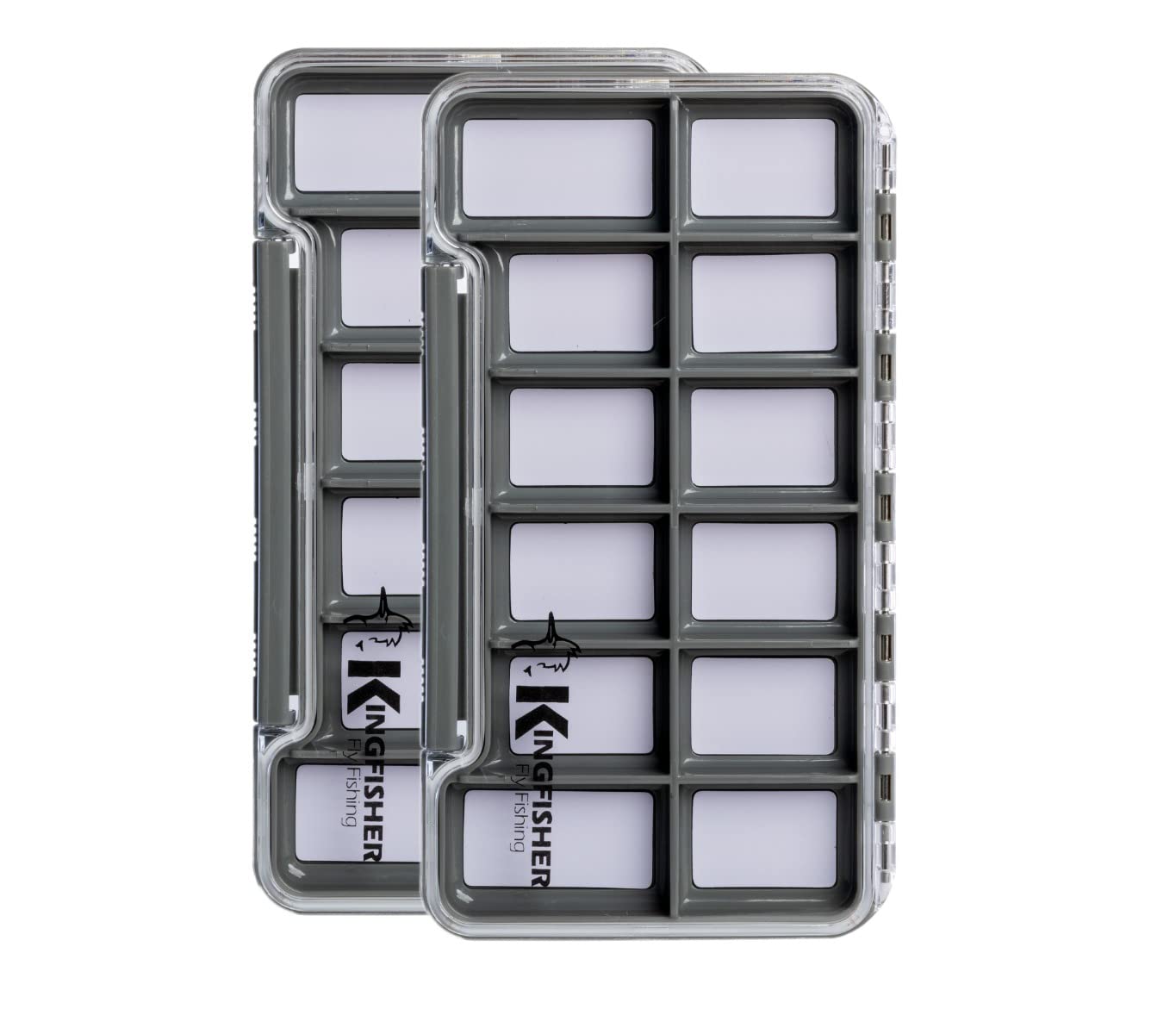Kingfisher Fly Fishing Super Slim Waterproof Magnetic Compartment Fly Box, 12 compartments, Grey Box, 2 Pack