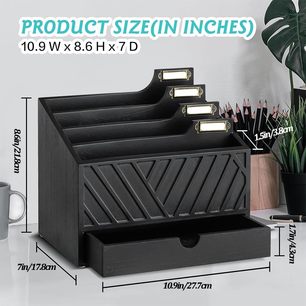 Mail Organizer for Countertop with 4 Compartments and Drawer, Wood Desktop Mail Organizer for File Letter Paper Folder, Desk Drawer Organizer, Black