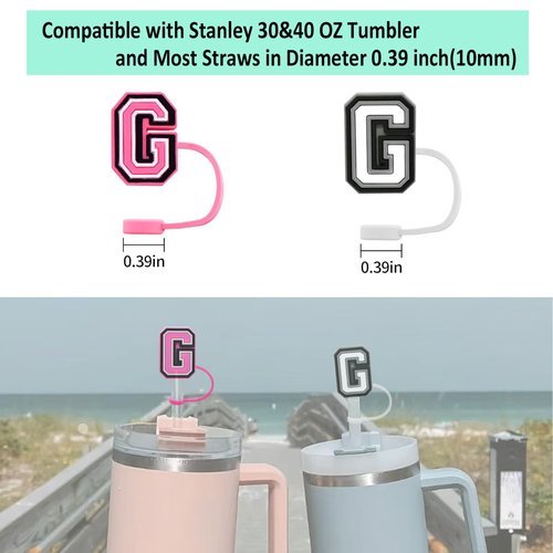 Erzgebirgische 2PCS Straw Cover Cap for Stanley Cup 30/40 Oz 10mm Straw Toppers with 2PCS Initial Personalized Letter Charms (Letter G)