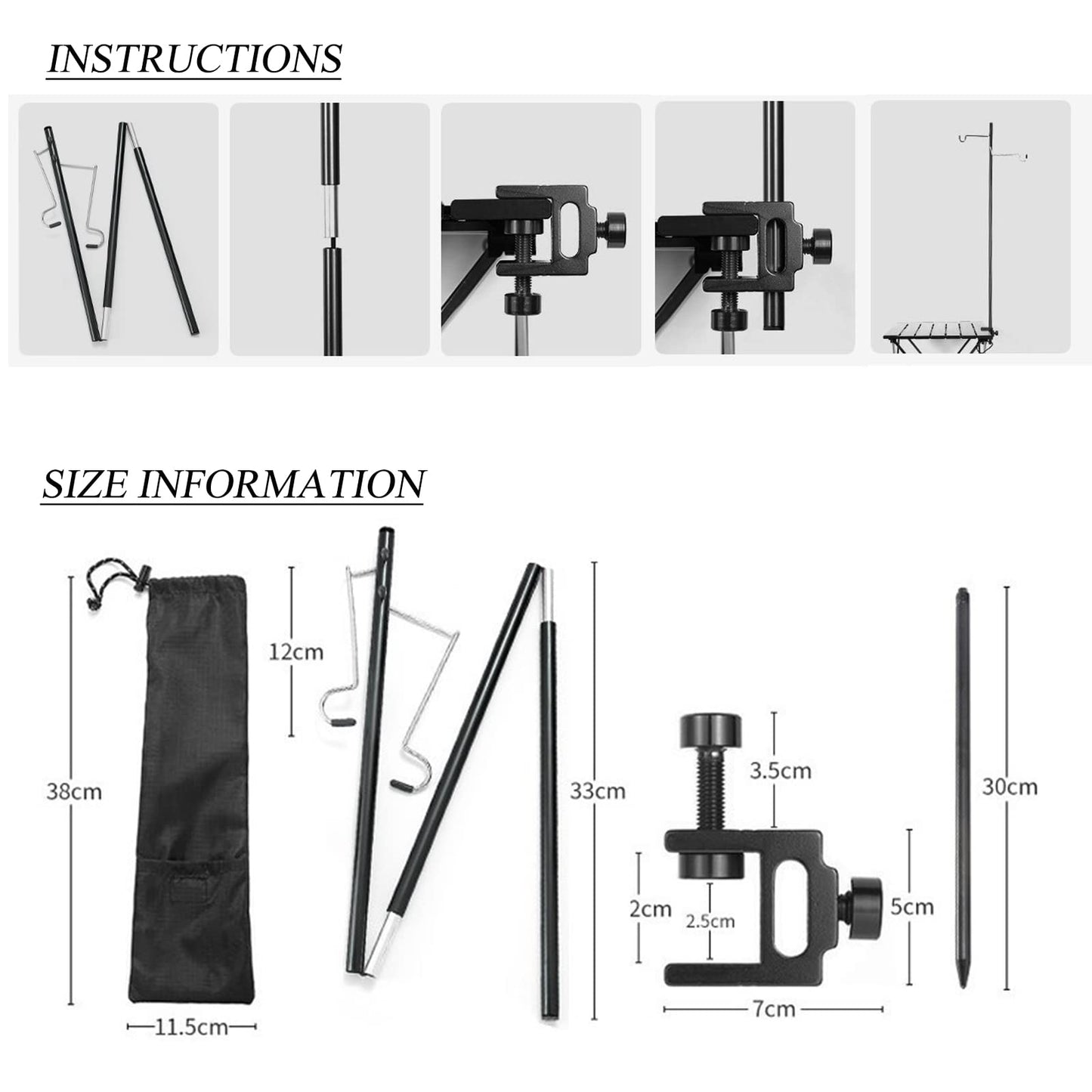 Joyeee Collapsible Camping Lantern Stand for Table, Outdoor Camping Activities, 35.4 inch Aluminum Alloy Folding Lamp Stand Pole Hanger with Black Storage Bag, Table Clamp, Black