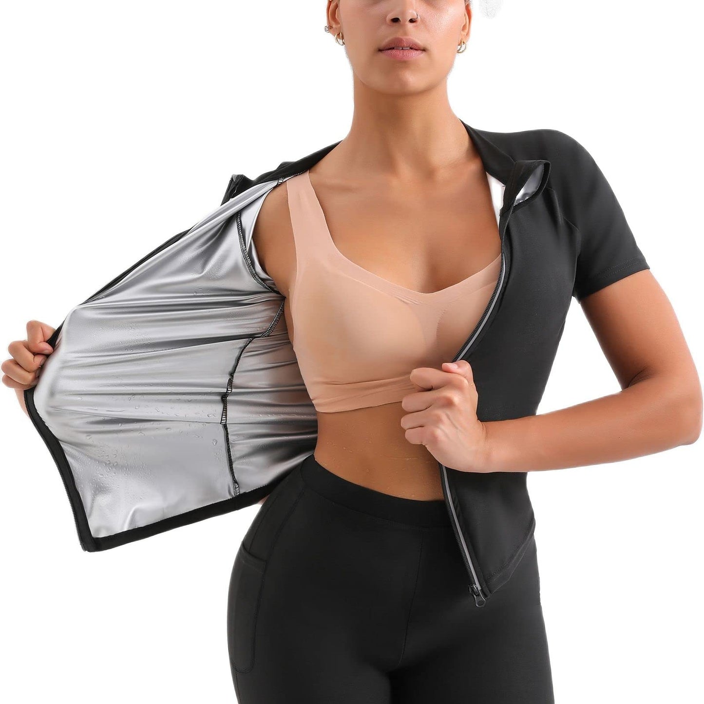 Sauna Suit Jacket for Women Weight Loss Sauna Shirt Waist Trainer Sweat Workout Top Fitness Body Shaper Zipper