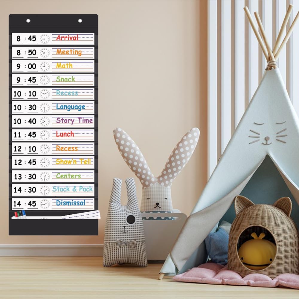TOGETRUE Classroom Schedule Pocket Chart, Double Sided Daily Schedule with 18 Erasable Cards, 13+1 Pockets, Visual Pocket Chart for Classroom, Home, Office, 35.5" X 13"
