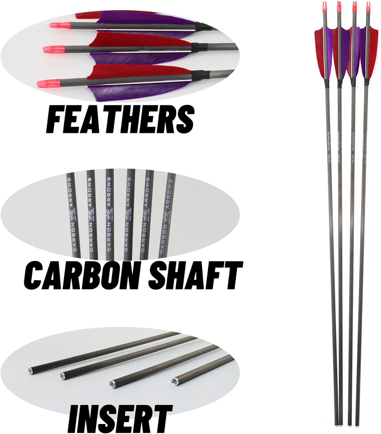 12PCS 600 Spine Pure Carbon Arrows with Real Turkey Feathers Removable 100 Grain Tips Plastic Nocks for Archery Target Hunting