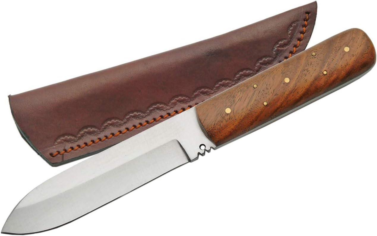 Szco Supplies 8.5” Classic Wood Handle Full-Tang Fixed-Blade Patch Knife with Leather Sheath,Brown