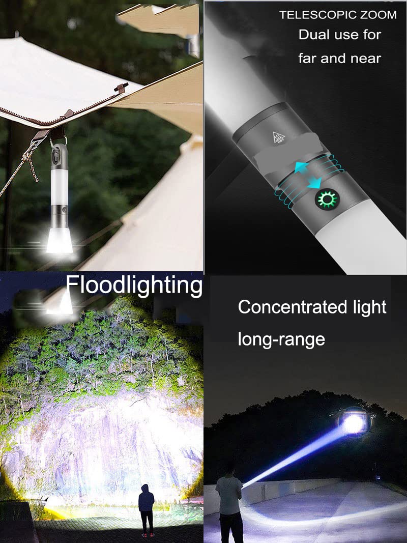 poyoelf Zoomable Led Flashlight with COB Sidelight with Magnetic Hook,Rechargeable EDC Small Lantern Flashlight,Waterproof,Tactical Portable Handheld Torch for Camping,Hiking,Emergency,Home Use(Grey)