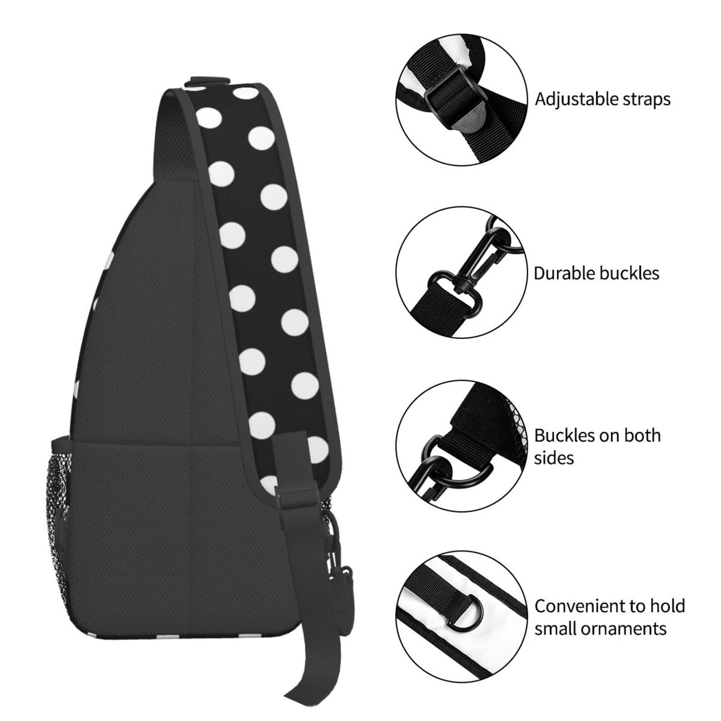 SURERUIM Black White Polka Dot Sling Bag for Women Men Crossbody Shoulder Backpack White Dots on Black Background Dice Design Chest Bags Abstract Dots Pattern Casual Travel Hiking Daypack