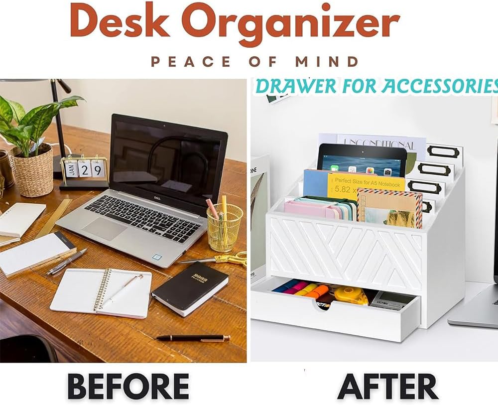 Mail Organizer for Countertop with 4 Compartments and Drawer, Wood Desktop Mail Organizer for File Letter Paper Folder, Desk Drawer Organizer, Black
