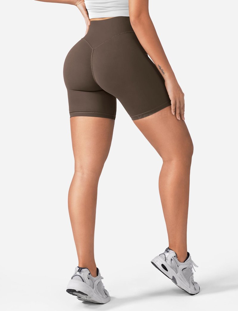 YEOREO Women's Biker Shorts 4.5" / 6" Workout Gym Shorts Craze High Waist Tummy Control Hidden Scrunch Running Yoga Coffee L