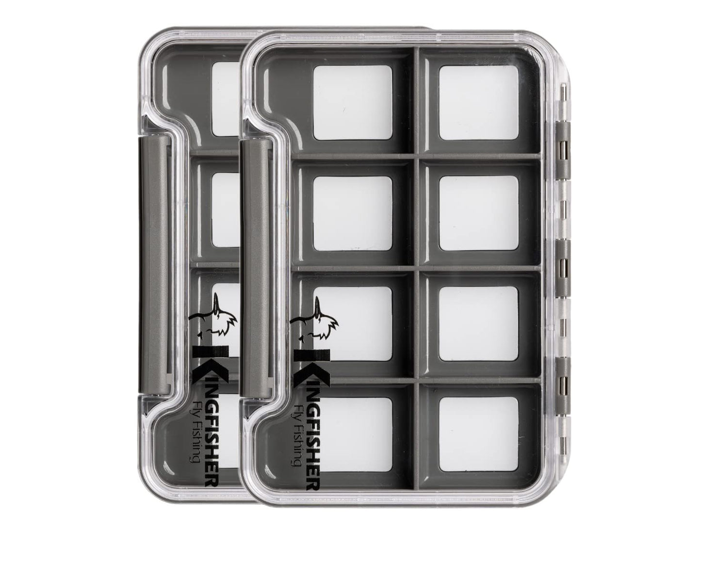 Kingfisher Fly Fishing Slim Waterproof Magnetic Compartment Fly Box, 2 Pack (Gray Box - 8 Compartments)