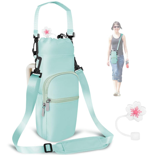 2win2buy Stanley Tumbler Carrier Bag - Water Bottle Holder with Strap - Sling Bag for 40 oz Cup - Green, Floral Pattern