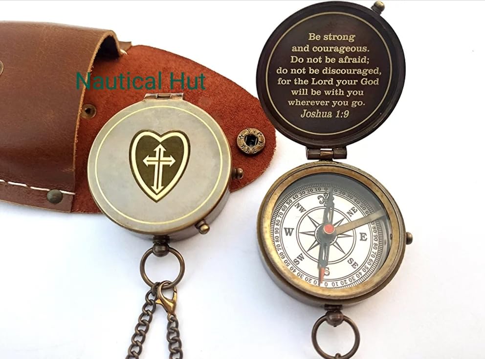 Be Strong and Courageous for The Lord Engraved Brass Antique Compass with Leather Case - Joshua 1:9 Brass Pocket Compass Camping & Hiking Compass for Birthday, Anniversary, Graduation, Baptism (XI)