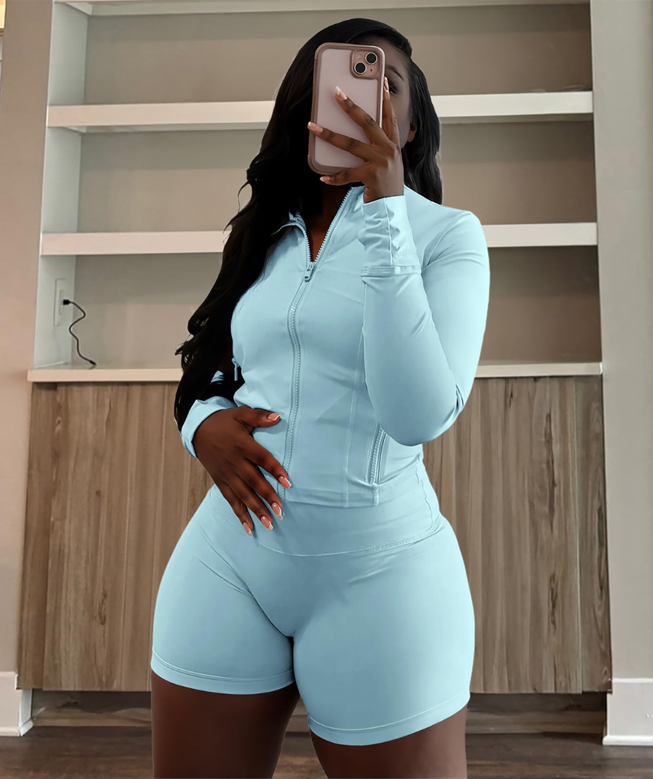 Adogirl Women Workout Sets 2 Piece Outfits Long Sleeve Zip Sweatshirt Jacket Gym Leggings Biker Shorts Set Tracksuit Sweatsuits Light Blue XL