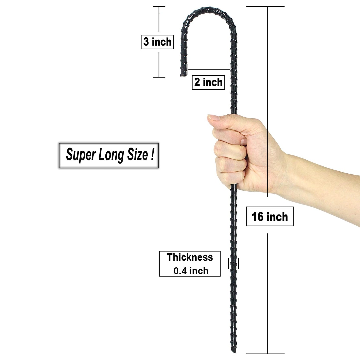16 Inch Ground Rebar Stakes, J Hook Extra Heavy Duty Rust Proof Coated Steel Ground Anchors with Chisel Point End for Camping Tent and Canopy Tent (8)