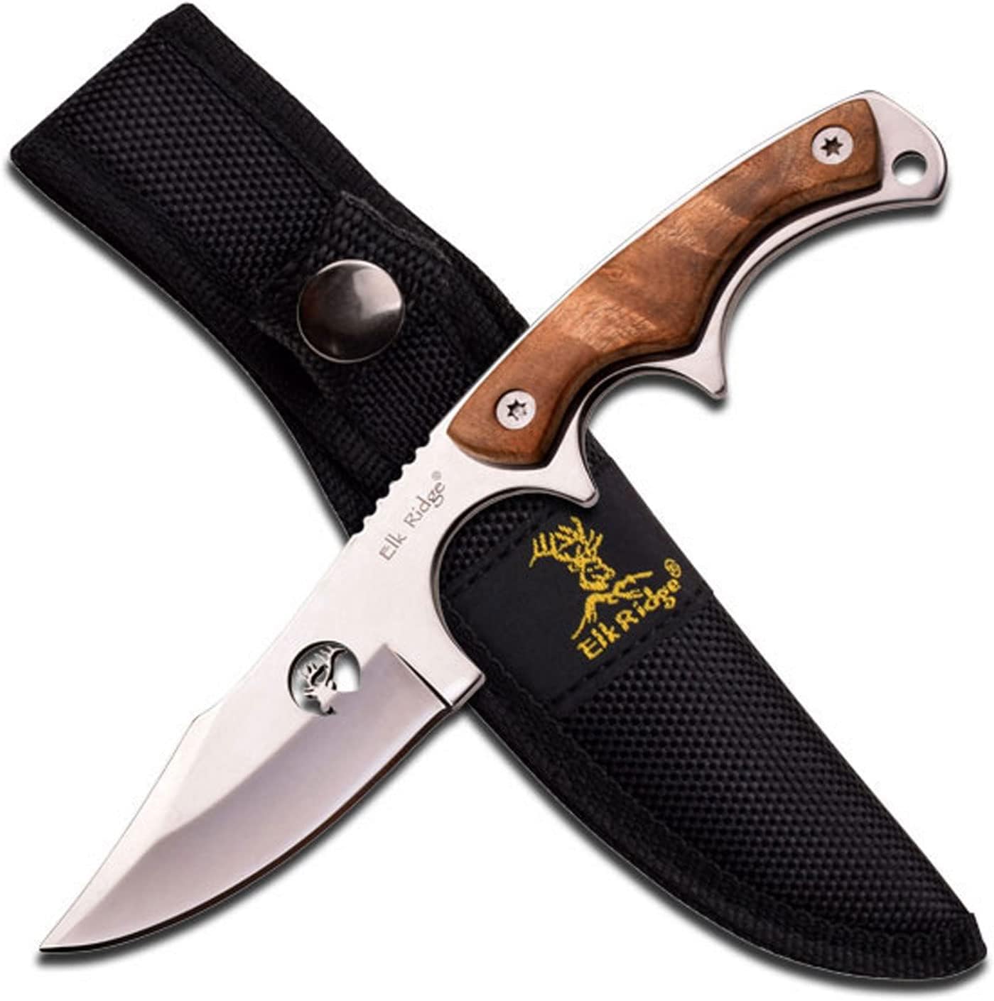 Elk Ridge - Outdoors Fixed Blade Knife - 6.75-in Overall, Mirror Finished Stainless Steel Blade, Burl Wood Handle - Full Tang Construction, 1680D Nylon Sheath - Hunting, Camping, Survival - ER-534
