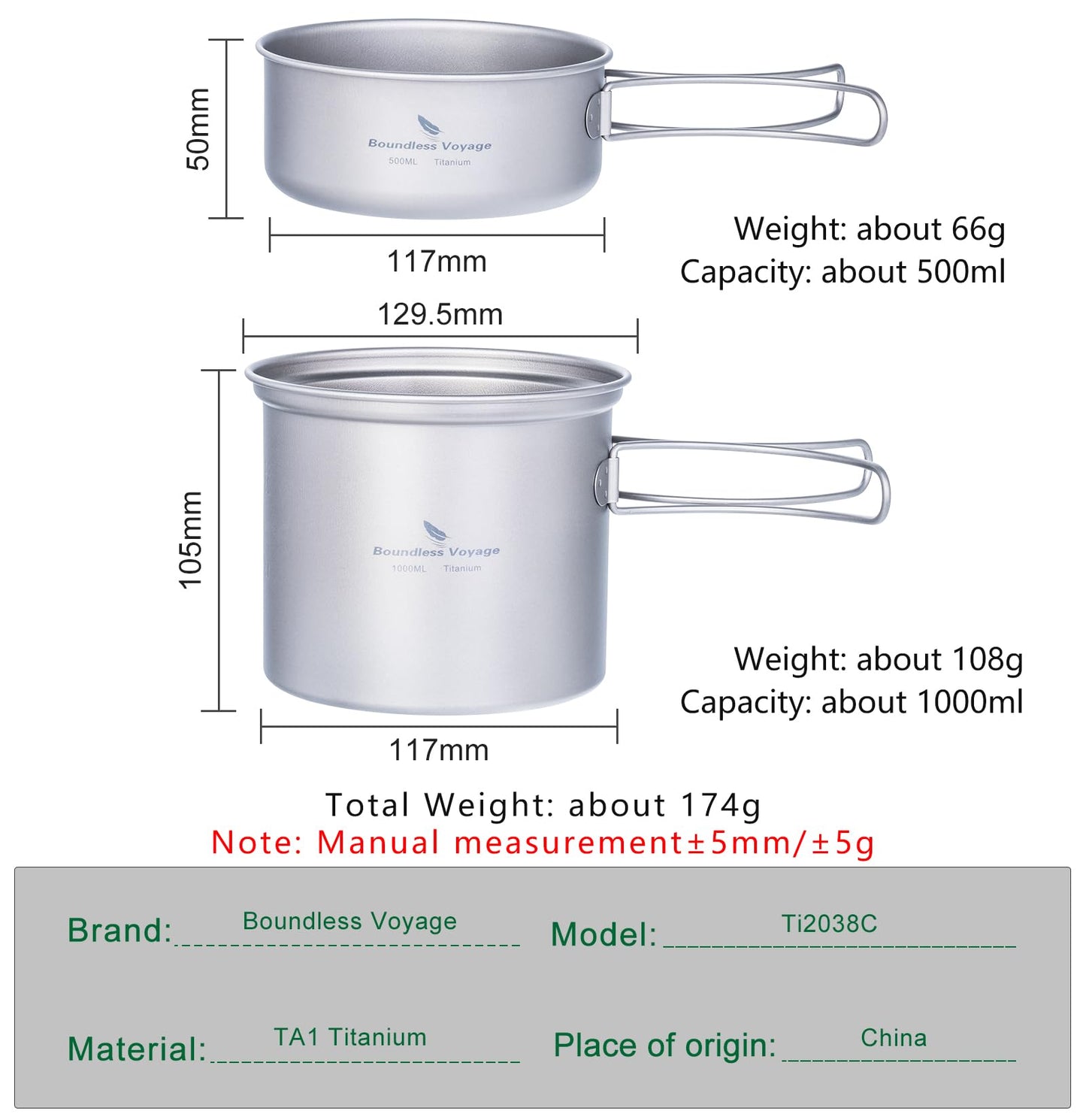 iBasingo Ultralight Backpacking Cookset Titanium Pot Pan Set 1000ml & 500ml Camping Cookware with Folding Handle Compact Portable Durable Cooking Mess Kit for Outdoor Travel Picnic Hiking Ti2038C