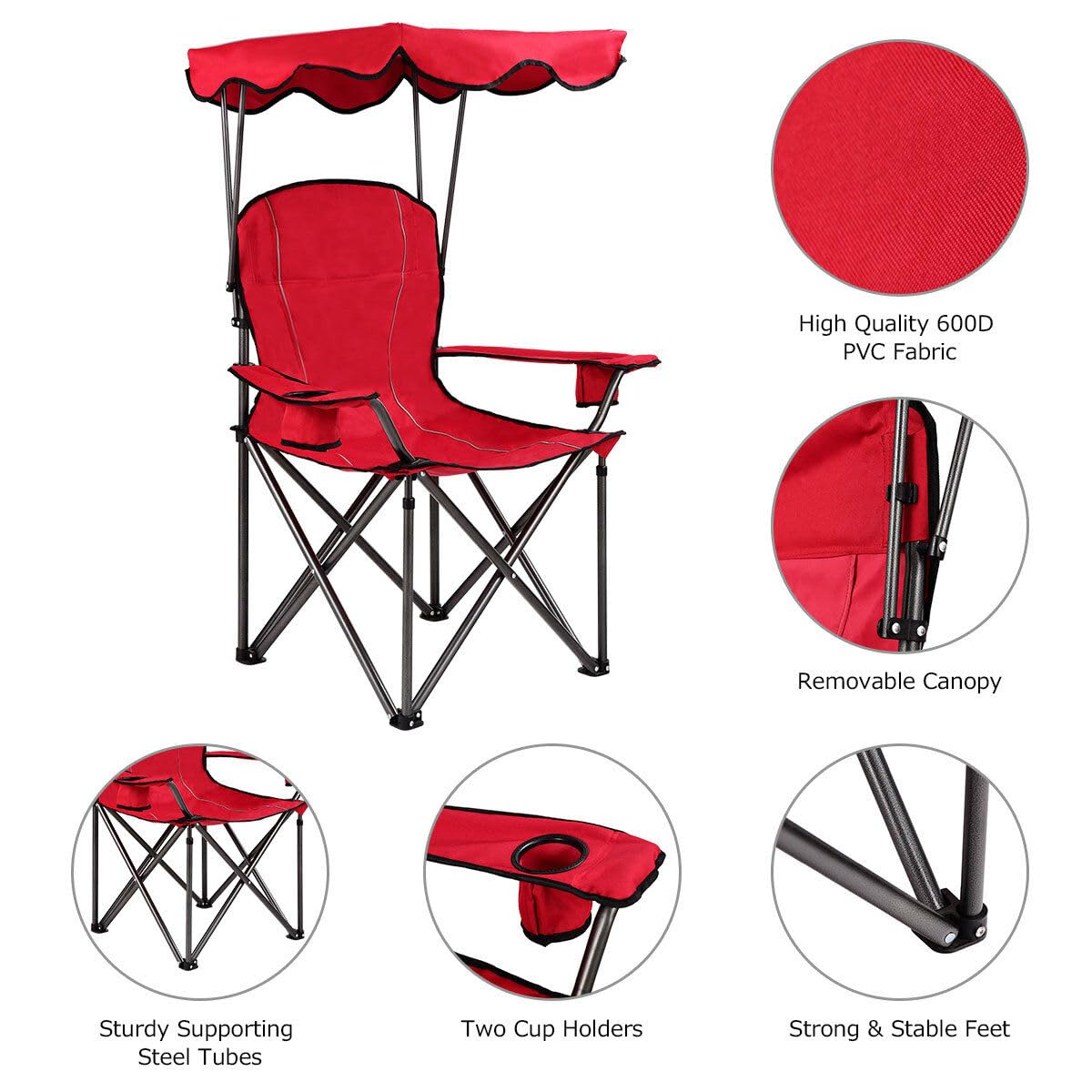COSTWAY Portable Camping Chair with Canopy, Outdoor Lawn Chair with Shade, Carry Bag, Cup Holder, for Travel, Picnic, Beach (Red)