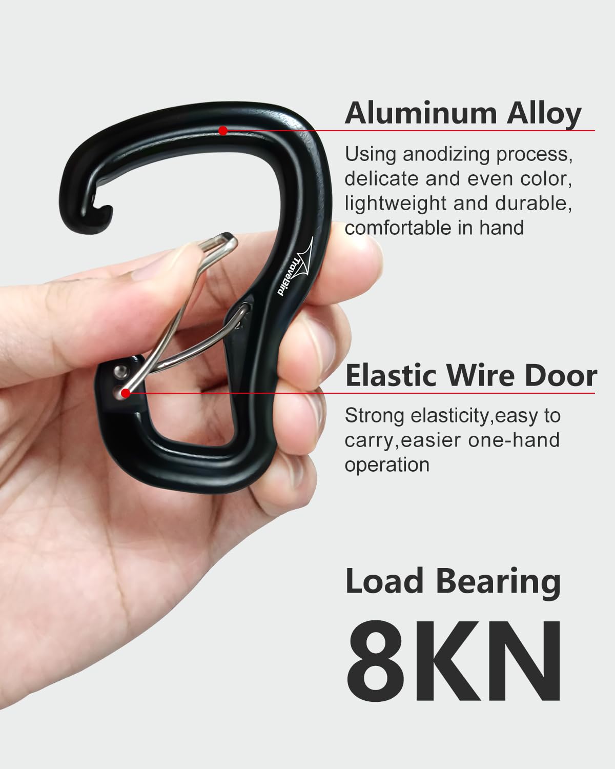 Travel Bird Heavy Duty Carabiner Clip Hook 8KN (1763 lbs), 2 PCS Ultra-Light Aluminum Caribeaners with Double Door D Ring Shape, for Hammock, Camping, Hiking, Backpacking, Dog Leash, Keychain Clip