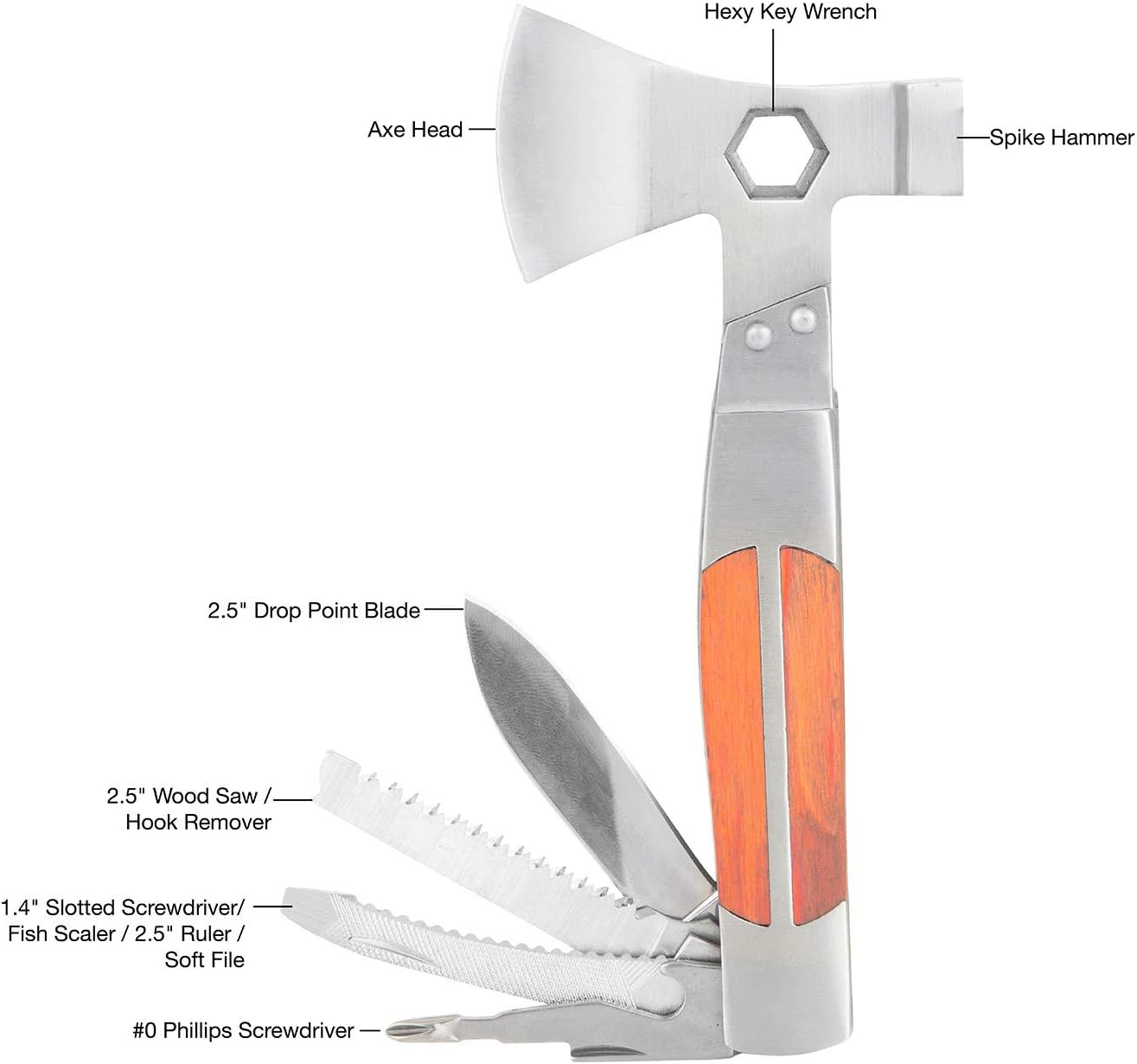 Sheffield 12301 Axe Multi Tool, 12-in-1 Camping Knives & Tools, Utility Tool Double Axe Head, Camping Tool, Stainless Steel Knife Multitool