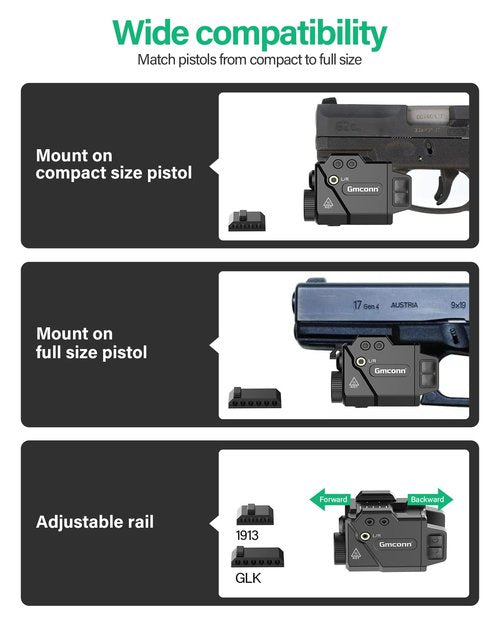 Gmconn 800 Lumens Pistol Light and Green Red Blue Laser Combo, Tactical Flashlight with Beam for Pistol with Rail (Blue Laser)