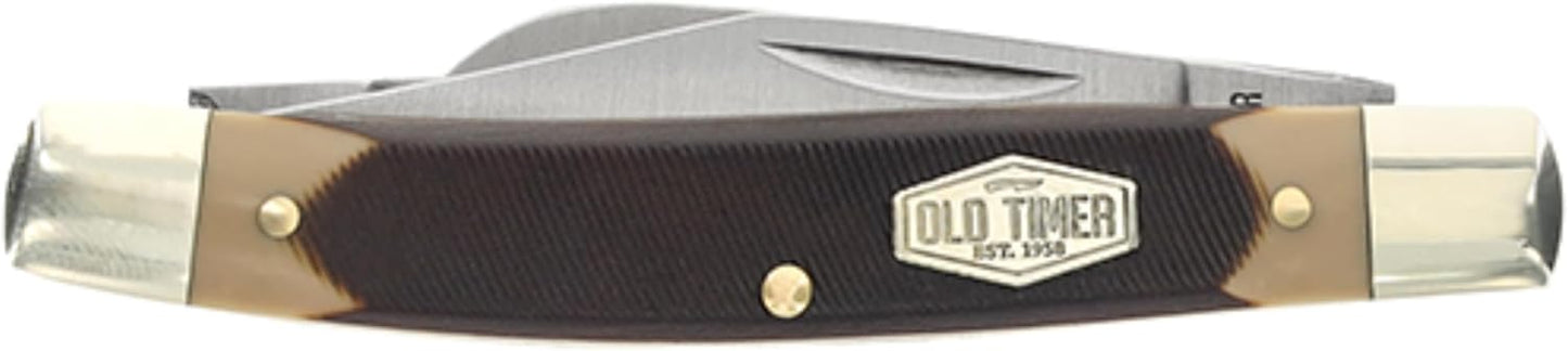 Old Timer 34OT Middleman 5.7in S.S. Traditional Folding Knife with 2.4in Clip Point Blade and Sawcut Handle for Outdoor, Hunting, Camping and EDC,Brown