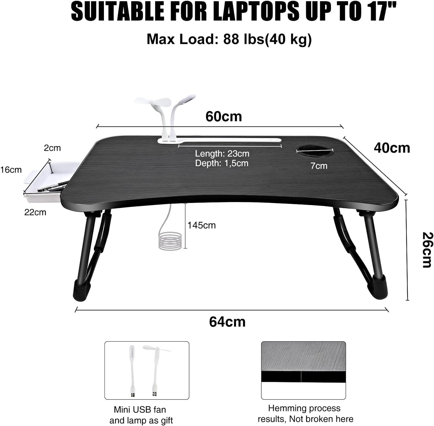 Laptop Bed Desk,Portable Foldable Laptop Lap Desk Tray Table with USB Charge Port/Cup Holder/Storage Drawer,for Bed/Couch/Sofa Working, Reading
