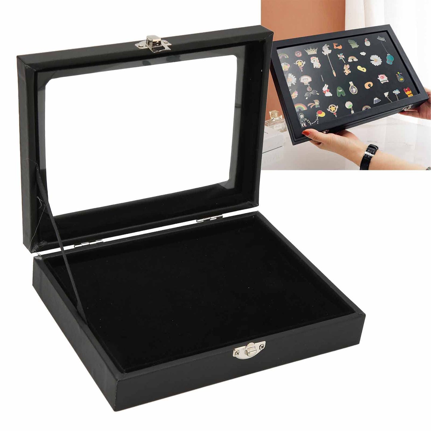 Large Capacity Pin Display Case, Transparent Cover, Badge Display Case, Shadow Box Frame Jewelry Storage Box with Lock Buckle for Pins, Military Medals, Badge Collection