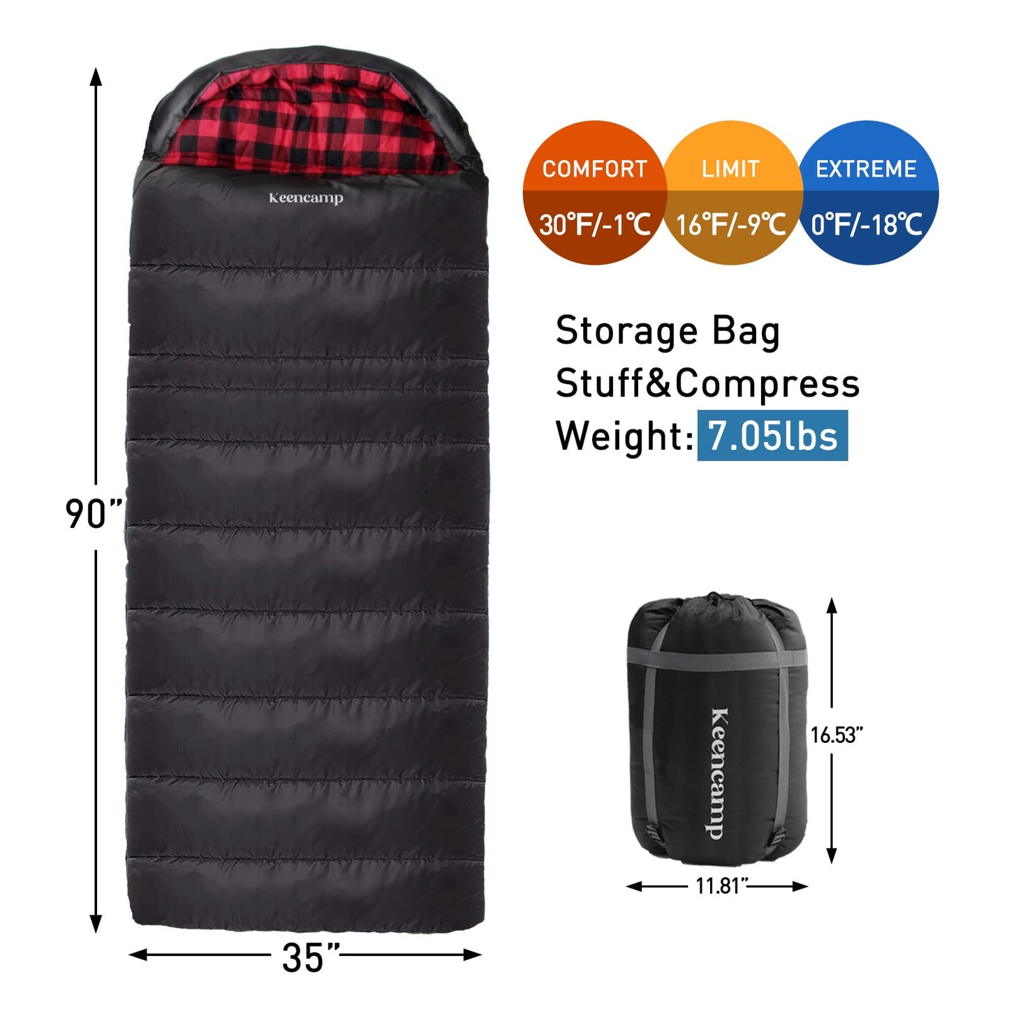 Keencamp 0 Degree Sleeping Bag Cotton Flannel Winter Cold Weather for Adults XXL Sleeping Bag 4 Season Big and Tall with Pillow Compression Sack