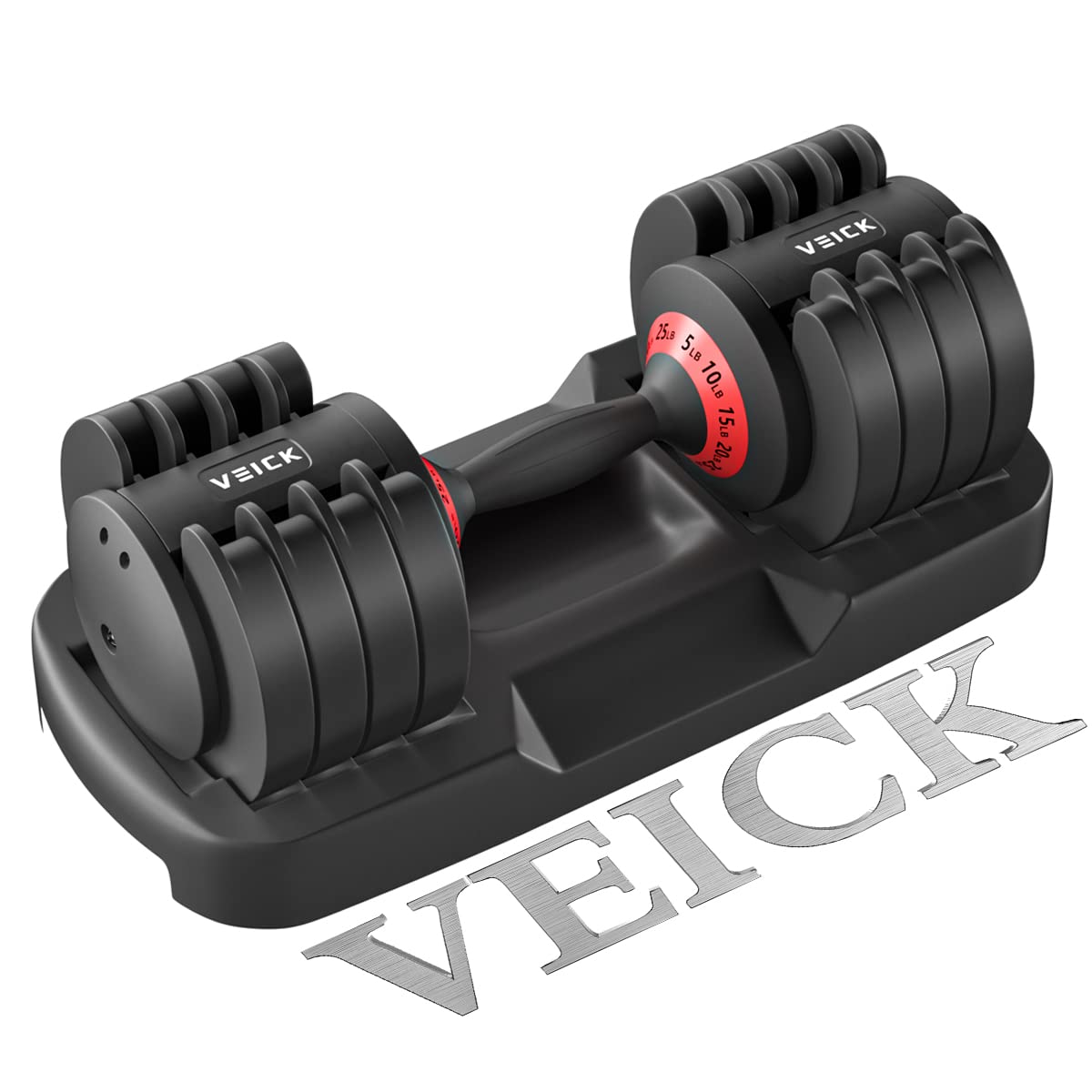VEICK 25 lbs Adjustable Dumbbell, Fast Adjust Weight with Anti-Slip Turning Handle for Men Women, Exercise Equipment with Tray for Home Gym Full Body Workout Fitness