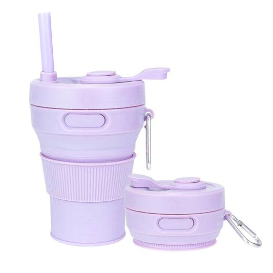 JSHYGOUP Silicone Collapsible Travel Mug Purple 15oz / 450ml - Leak-Proof Reusable Silicone Water Bottle for Hot and Cold Beverages - Travel Office and Home - Dishwasher Safe - Straw Included