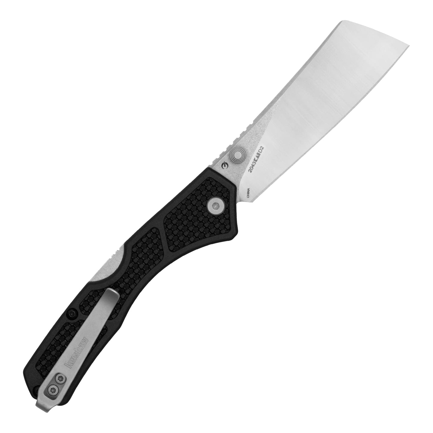 Kershaw Hatch Folding Pocket Knife, 3.15 inch Cleaver Style D2 Stainless Steel Blade, Black Handle, Mid Lock Mechanism, Pocketclip