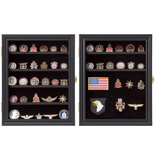 Verani Medals Display Case 2 Pack - Military Challenge Coin Display Shadow Box - Pin Display Cabinet with Removable Shelves and Pinnable Background for Badges Ribbons Insignia Buttons Small Black