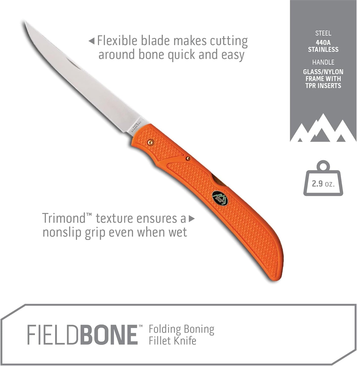 OUTDOOR EDGE Fish & Bone - Folding Fillet Knife with 5.0" 440A Stainless Steel Blade for Fish and Processing Big Game - Pocket Clip