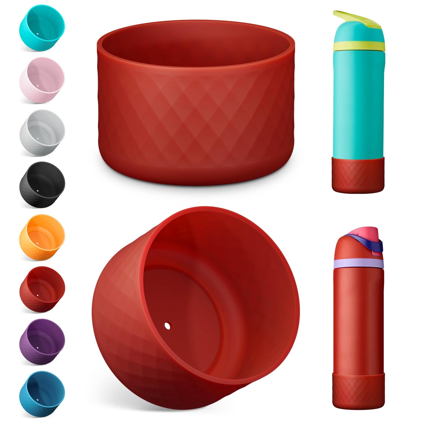 2PCS Silicone Water Bottle Boot for Owala 24oz, Protective Bottom Bumper Anti-Slip Sleeve for FreeSip, Twist, and Flip Stainless Steel Bottles, Dishwasher Safe and BPA Free(Dark Red)