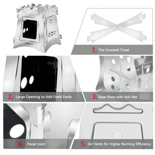 VODA Camping Backpacking Stoves Portable Wood Stove for Outdoor Wood Burning Camping Cooking Light Weight Backpacking Stainless Steel Stoves for BBQ Picnic