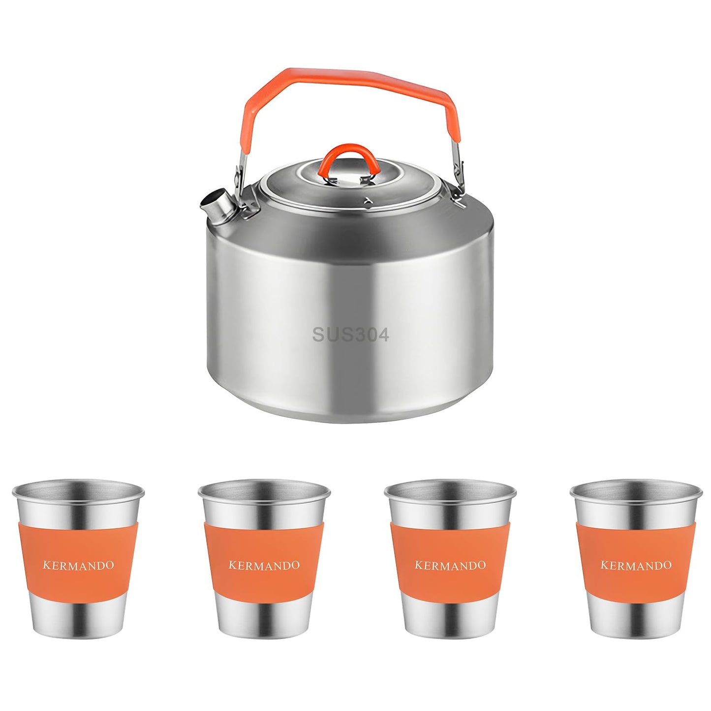 KERMANDO Camping Kettle Set, 1.5 L Stainless Steel Kettle with 4 Stackable 300 ML Cups, Anti-Scald Handle, Removable Silicone Covers, and Mesh Bag - ideal for Boiling Water and Making Coffee Outdoors